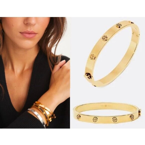 NEW! Tory Burch Gold Miller Stud Logo Hinge Bracelet, 7MM - Picture 1 of 6